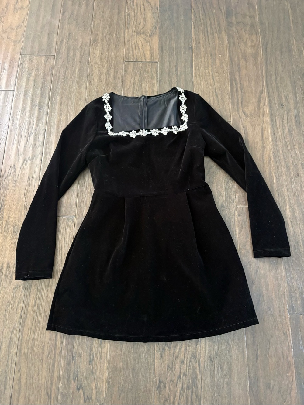 Black Velvet Long-Sleeve Mini Dress with Floral Trim